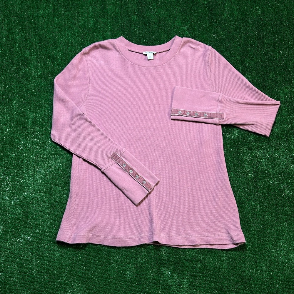 Waffle Knit Thermal Sundance Button Sleeve Top Pink XL